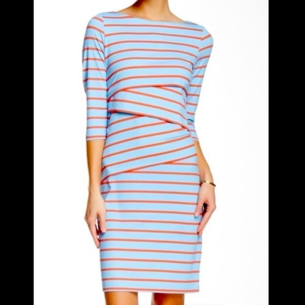 J. McLaughlin Nico Striped dress blue orange 3/4 sleeve  tiered size medium